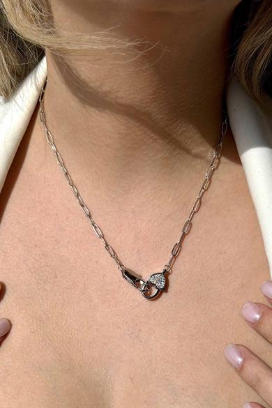 Gümüş Renk Kalp Figürlü Taş Detaylı 14K Altın Kaplama Kolye