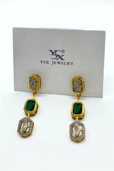 Altın Renk Yeşil Taş Detaylı YSX Küpe (Çift)