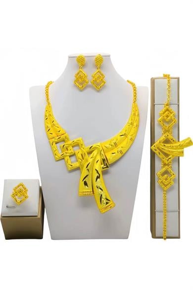 Altın Renk Kolye, Küpe, Bileklik Düğün Kına Nişan Gelin Seti