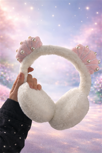 Beyaz Ve Pembe Renk Deniz Kabuğu Figürlü Peluş Kulaklık