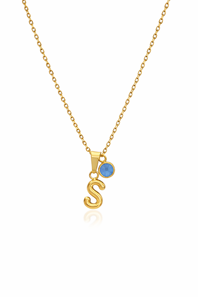Altın Renk S Harfli Nazar Boncuk Detaylı Çelik Kolye