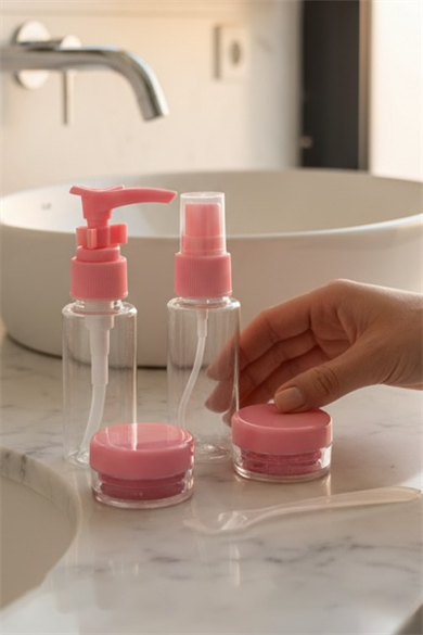 Pembe Renk Seyahat Kiti/ 4lü Doldurulabilir Şişe Set+Krem Kutusu