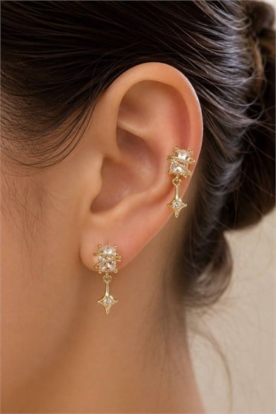 2li Altın Renk Taş Detaylı Tx Tragus/Kıkırdak Küpe/Piercing 