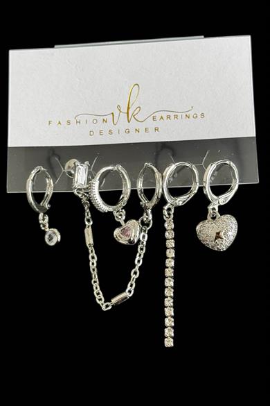 6lı Gümüş Renk Taş Detaylı Küpe Set