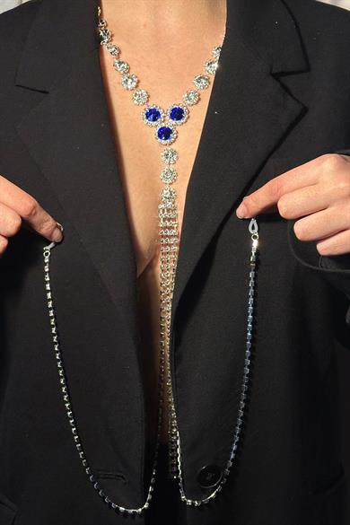 Gümüş Renk Mavi Taş Detaylı Vücut Aksesuarı