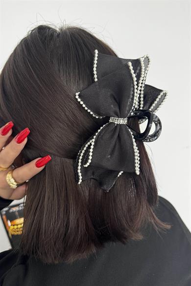 Siyah Renk Kurdele Figürlü İnci Detaylı Mandal Toka