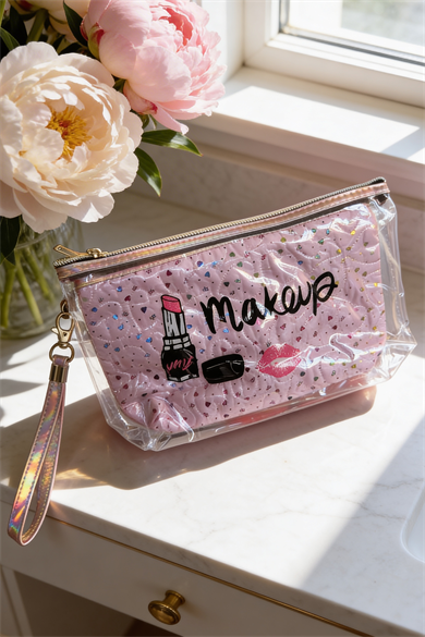 Pembe Renk Makeup Yazılı Makyaj Çantası