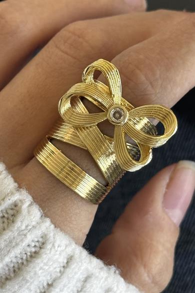 Altın Renk Kurdele Figürlü Çelik Yüzük