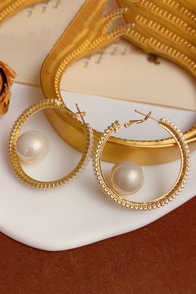 Altın Renk Taş Ve İnci Detaylı Halka Küpe (Çift)