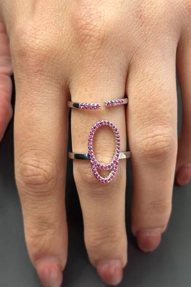 Gümüş Renk Pembe Taş Detaylı Ayarlanabilir Çelik Yüzük