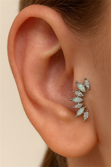 Gümüş Renk Taş Detaylı Tragus/Kıkırdak Küpe/Piercing (Tek)