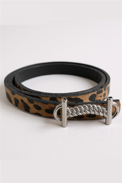 Gümüş Renk Leopar Desenli Kadın Deri Kemer