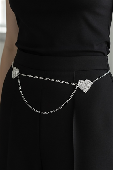 Gümüş Renk Kalp Figürlü Taş Detaylı Tasarım Bel Zinciri/Vücut Aksesuar