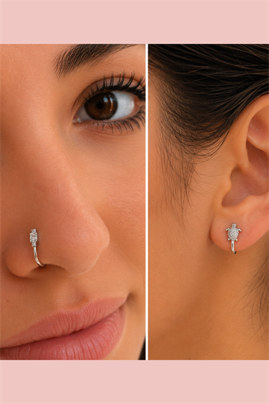 Gümüş Renk Karışık Figürlü Deliksiz Kulak/Burun 3lü Piercing Set