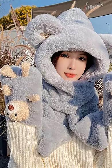 Gri Renk Rüzgar Geçirmez Peluş Bere Atkı Eldiven