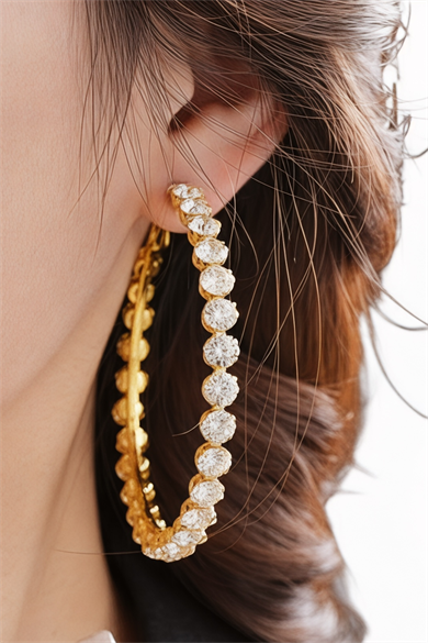 Altın Renk Taş Detaylı Halka Küpe 55Mm (Çift)