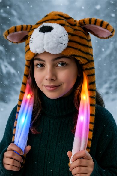 Kahverengi Kaplan Figürlü Işıklı Kulakları Oynayan Peluş Şapka