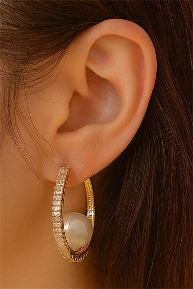 Altın Renk Taş Ve İnci Detaylı Halka Küpe (Çift)