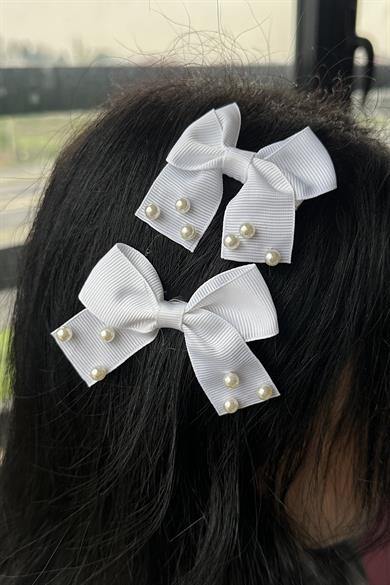 Beyaz Renk 2li Kurdele Figürlü İnci Detaylı Pens Toka