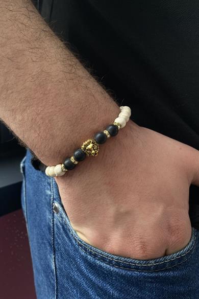 Beyaz Renk Aslan Figürlü Boncuk Detaylı Erkek Bileklik