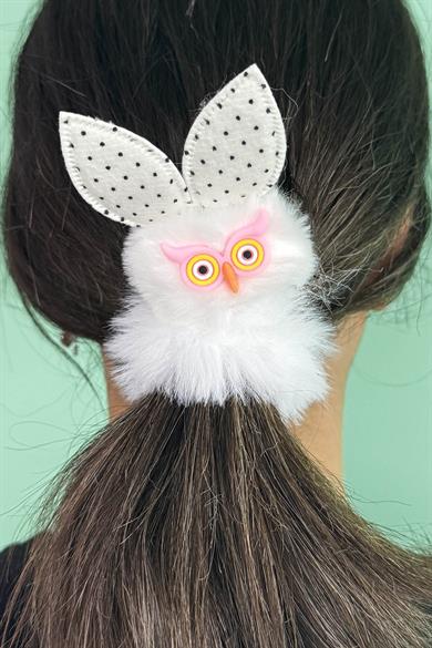 Beyaz Renk Baykuş Figürlü Peluş Simit Toka