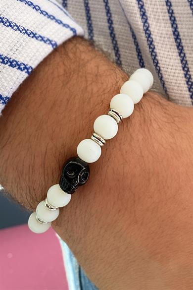 Beyaz Renk Boncuk detaylı Kuru Kafa Figürlü Erkek Bileklik