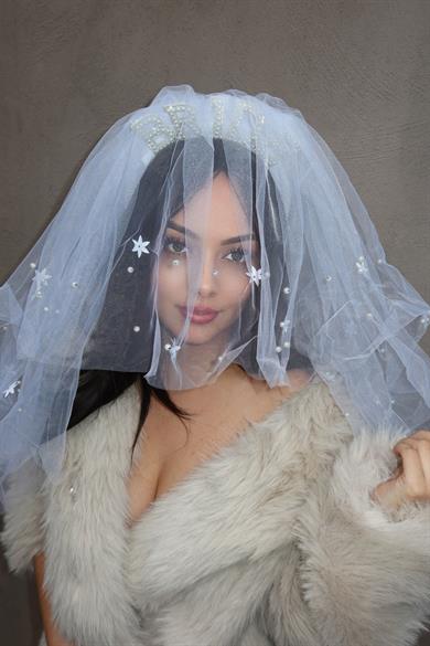 Beyaz Renk Bride Yazılı Duvak Detaylı Gelin Taç