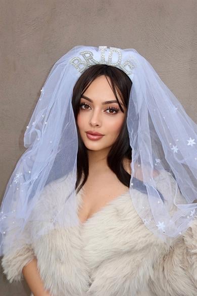 Beyaz Renk Bride Yazılı Duvak Detaylı Gelin Taç