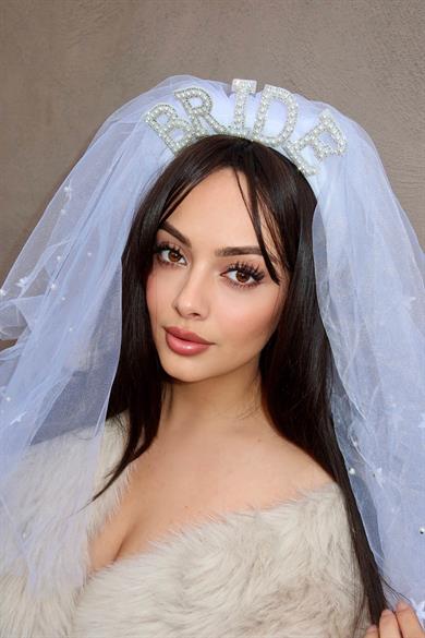 Beyaz Renk Bride Yazılı Duvak Detaylı Gelin Taç