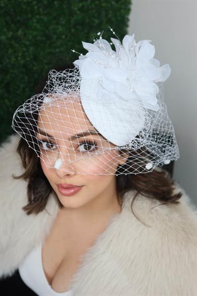 Beyaz Renk Çiçek Detaylı Nikah Şapkası/Vualet Şapka