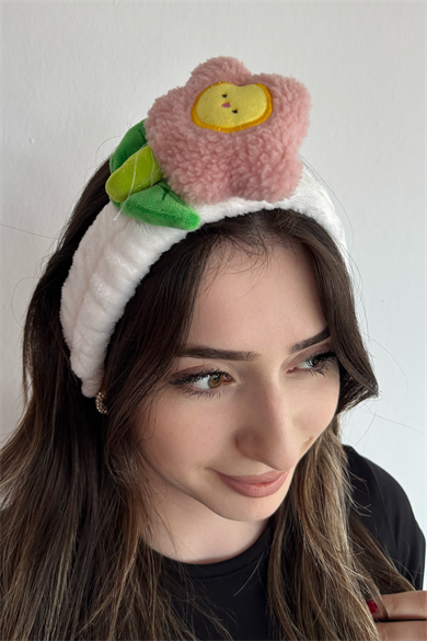 Beyaz Renk Çiçek Figürlü Peluş Saç Bandı