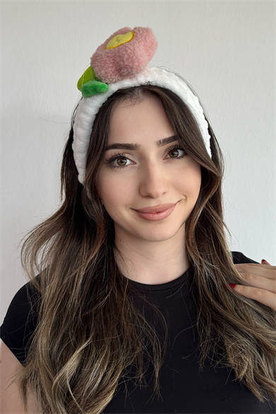 Beyaz Renk Çiçek Figürlü Peluş Saç Bandı