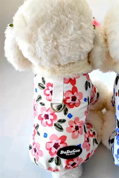 Beyaz Renk Çiçek Figürlü Su Geçirmez Kalın Tüylü Astarlı Köpek Mont