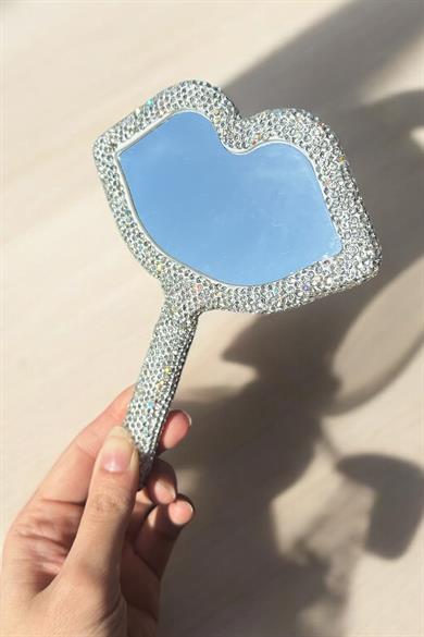 Beyaz Renk Dudak Figürlü Taş Detaylı El Aynası