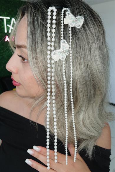 Beyaz Renk İnci Figürlü Kelebek Detaylı Yan Postiş