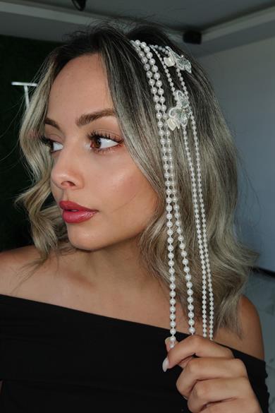 Beyaz Renk İnci Figürlü Kelebek Detaylı Yan Postiş