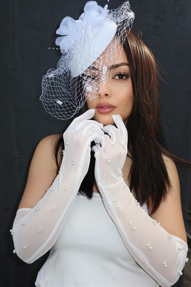 Beyaz Renk İnci Ve Tül Detaylı Şık Gelin Eldiveni Nikah/Düğün/Parti/Kostüm Uzun Eldiveni