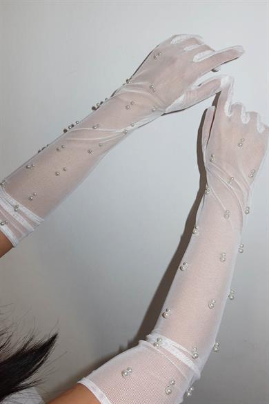 Beyaz Renk İnci Ve Tül Detaylı Şık Gelin Eldiveni Nikah/Düğün/Parti/Kostüm Uzun Eldiveni