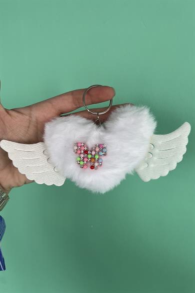 Beyaz Renk Karışık Figürlü Kelebek Detaylı Peluş Anahtarlık