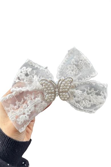 Beyaz Renk Kelebek Figürlü Dantel Kurdele Pens Toka