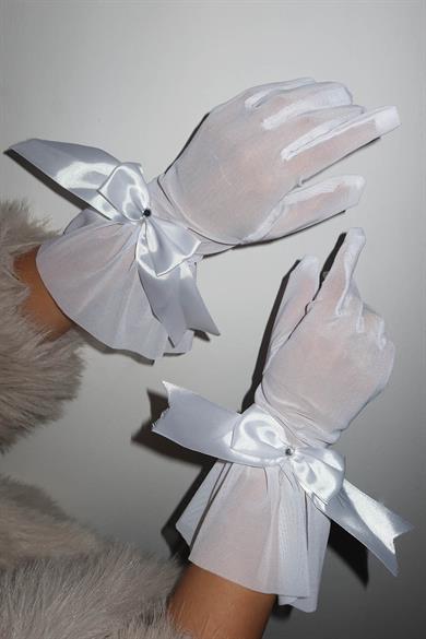 Beyaz Renk Kurdele Detaylı Şık Gelin Eldiveni Tül Eldiven Nikah/Düğün/Parti/Kostüm Eldiveni