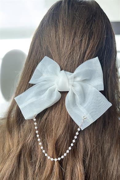 Beyaz Renk Kurdele Figürlü İnci Detaylı Otomat Toka