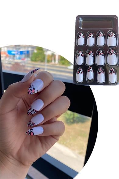 Beyaz Renk Leopar Desenli 12li Takma Takma Tırnak (Yapıştırıcılı)