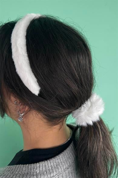 Beyaz Renk Peluş Taç Ve Simit Toka Set