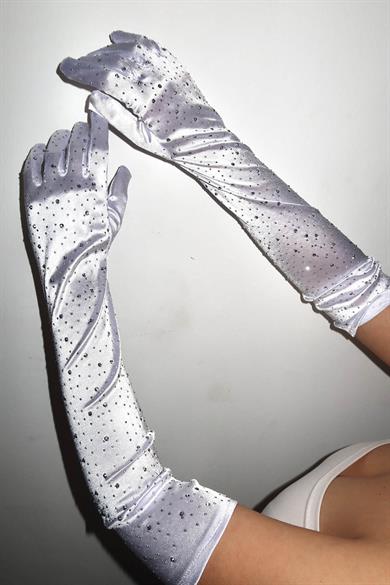 Beyaz Renk Taş Detaylı Saten Gelin Ve Nikah Eldiveni