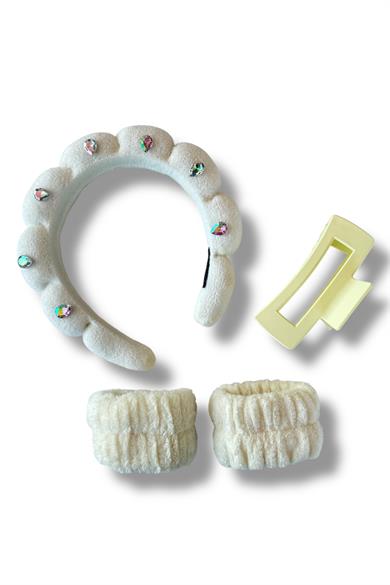 Beyaz Renk Taş Detaylı Spa Taç/ Mandal Toka/ Su Emici Havlu Bileklik Set