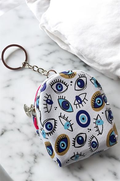 Beyaz Ve Mavi Renk Göz Figürlü Anahtarlık Cüzdan