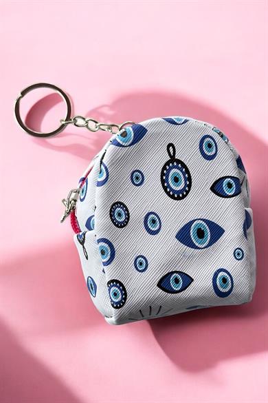 Beyaz Ve Mavi Renk Nazar Boncuğu Figürlü Anahtarlık Cüzdan