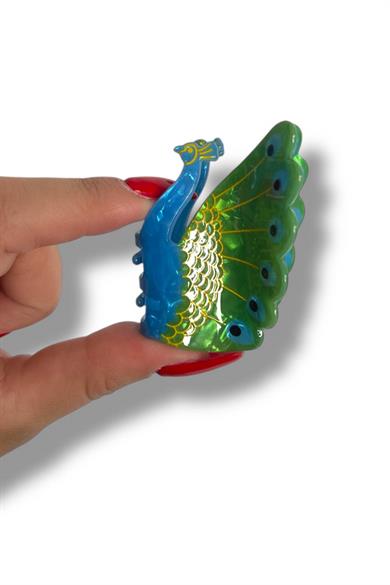 Karışık Renk Tavus Kuşu Figürlü Küçük Boy Kemik Mandal Toka