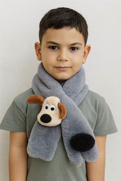 Gri Renk Köpek Figürlü Çocuk Peluş Atkı